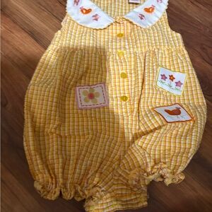 Reverse Yellow Checkered Baby Romper with Embroidery